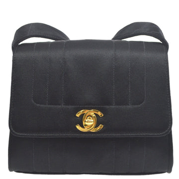 Chanel 1991-1994  Black Satin Straight Flap Mademoiselle Shoulder Bag