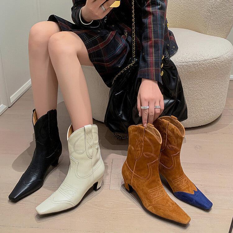 Color Blocking Designer Short Boots Genuine Leather High Heel Shoes Crystal Square Toe  Ladies Western Boots