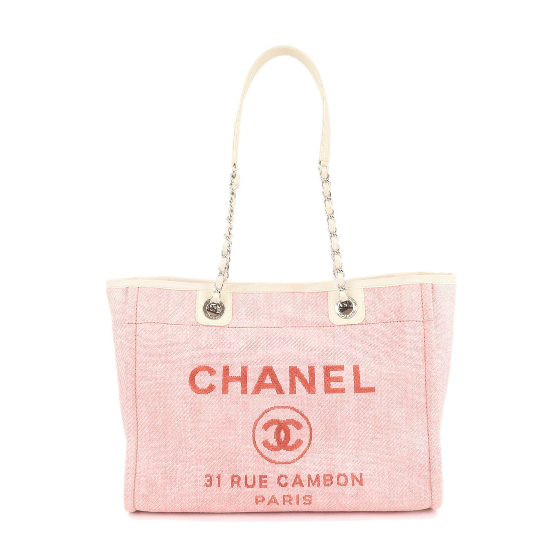 CHANEL Deauville MM Straw Leather Chain Tote Bag Pink A67001