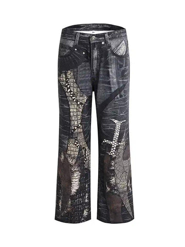 Makersluxe Full Cross Stitching Leather Flare Jeans