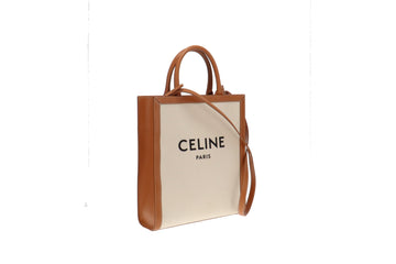Celine Canvas and Tan Leather Vertical Cabas Tote With Strap