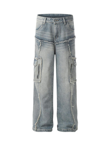 Makersluxe Detressed Raw Edge Multi-pocket Cargo Jeans