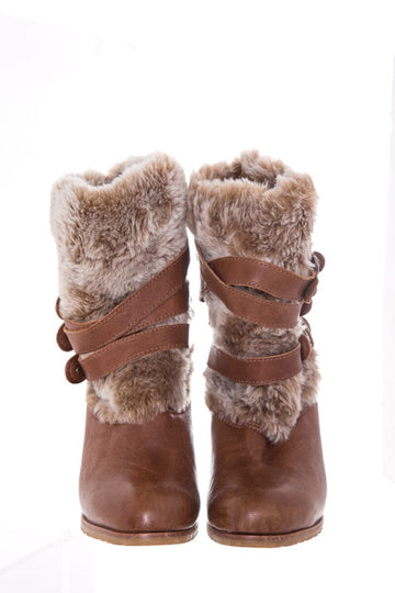 Stuart Weitzman Leather Camel & Faux Fur Boots SZ 6