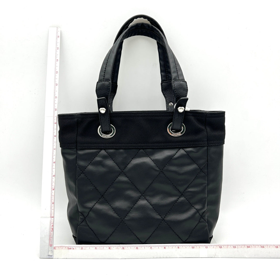 CHANEL Coated Canvas Leather Quilted Small Paris Biarritz Tote Black LA2976