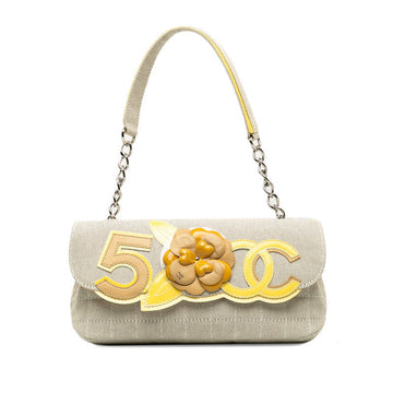Chanel Cocomark Chocolate Bar Camellia Chain Shoulder Bag Beige Yellow Canvas Patent Leather Lady CHANEL