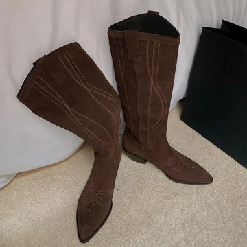 Popular Western Women Knee-High Boots Cow Suede Leather