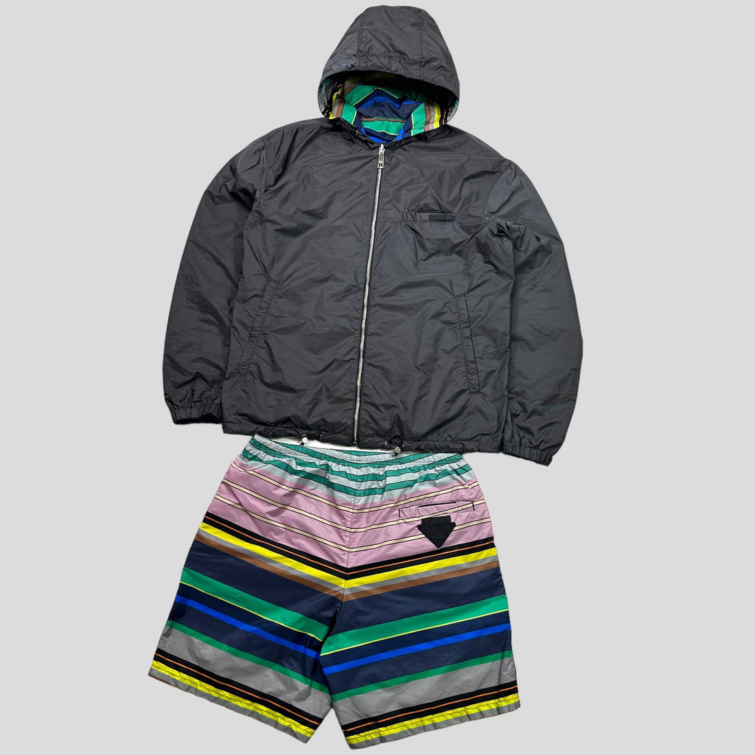 Prada Milano 2018 Striped Rubber Logo Jacket & Shorts Set - S/M