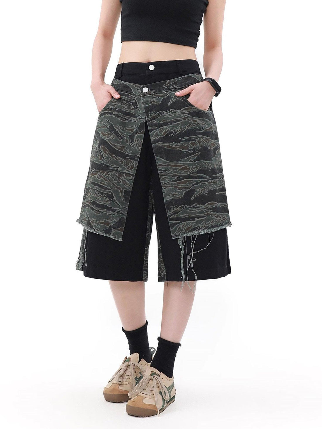 Makersluxe High Street Patchwork Camouflage Contrast Denim Jorts