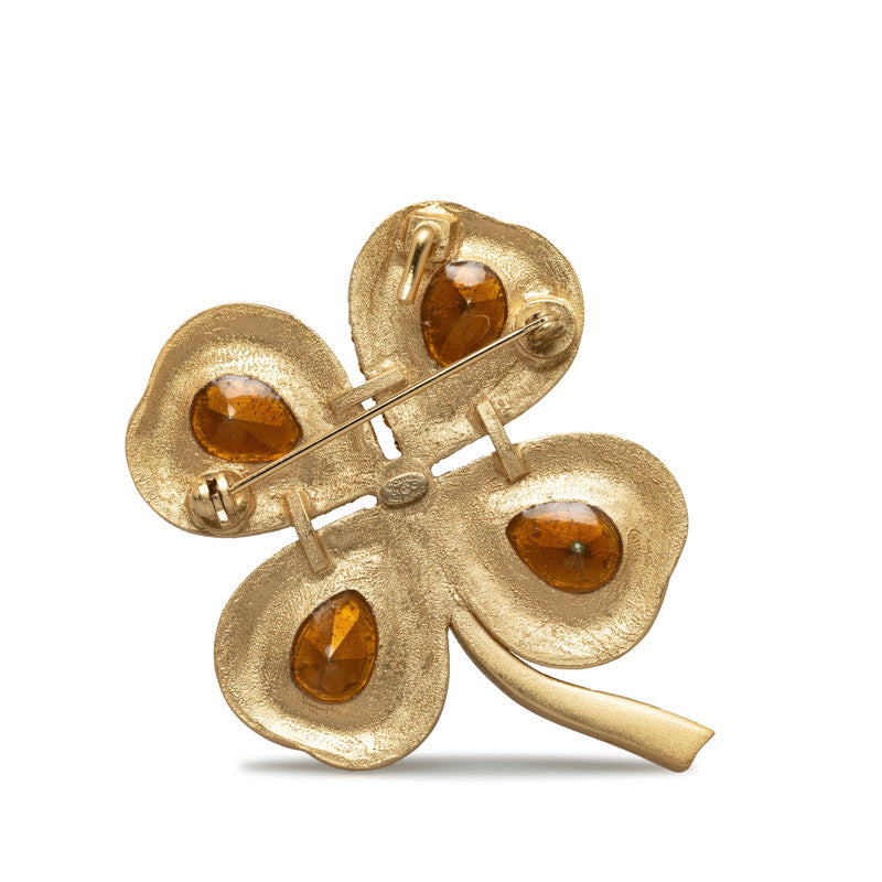 CHANEL Vintage Brooch Clover Rhinestone Gold Plating