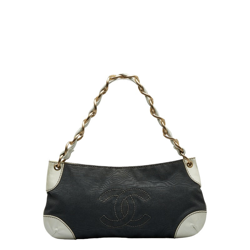 Chanel Coco Mark Chain Shoulder Bag Gray White Canvas Leather