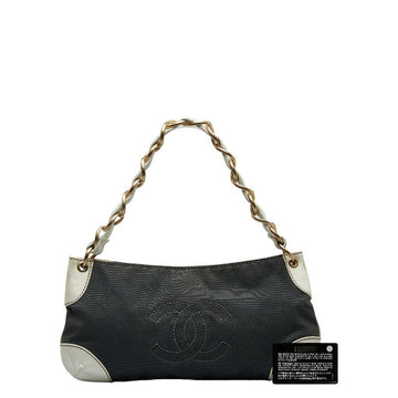 Chanel Coco Mark Chain Shoulder Bag Gray White Canvas Leather