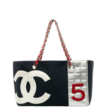 Chanel No.5 Chain Tote Bag Navy Multicolor Canvas Leather Women's
