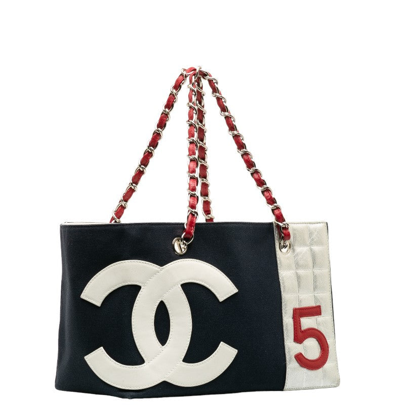 Chanel No.5 Chain Tote Bag Navy Multicolor Canvas Leather Women's