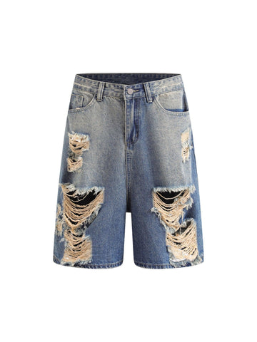Makersluxe Hip-hop Ripped Washed Denim Jorts
