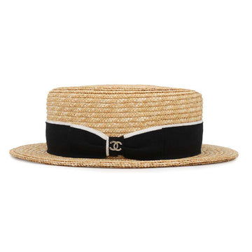 CHANEL CC Logo Ribbon Straw Hat Size M Beige/Black Raffia