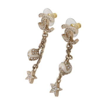 CHANEL CC Logo Star Motif Swing Earrings White Gold Plated Rhinestone
