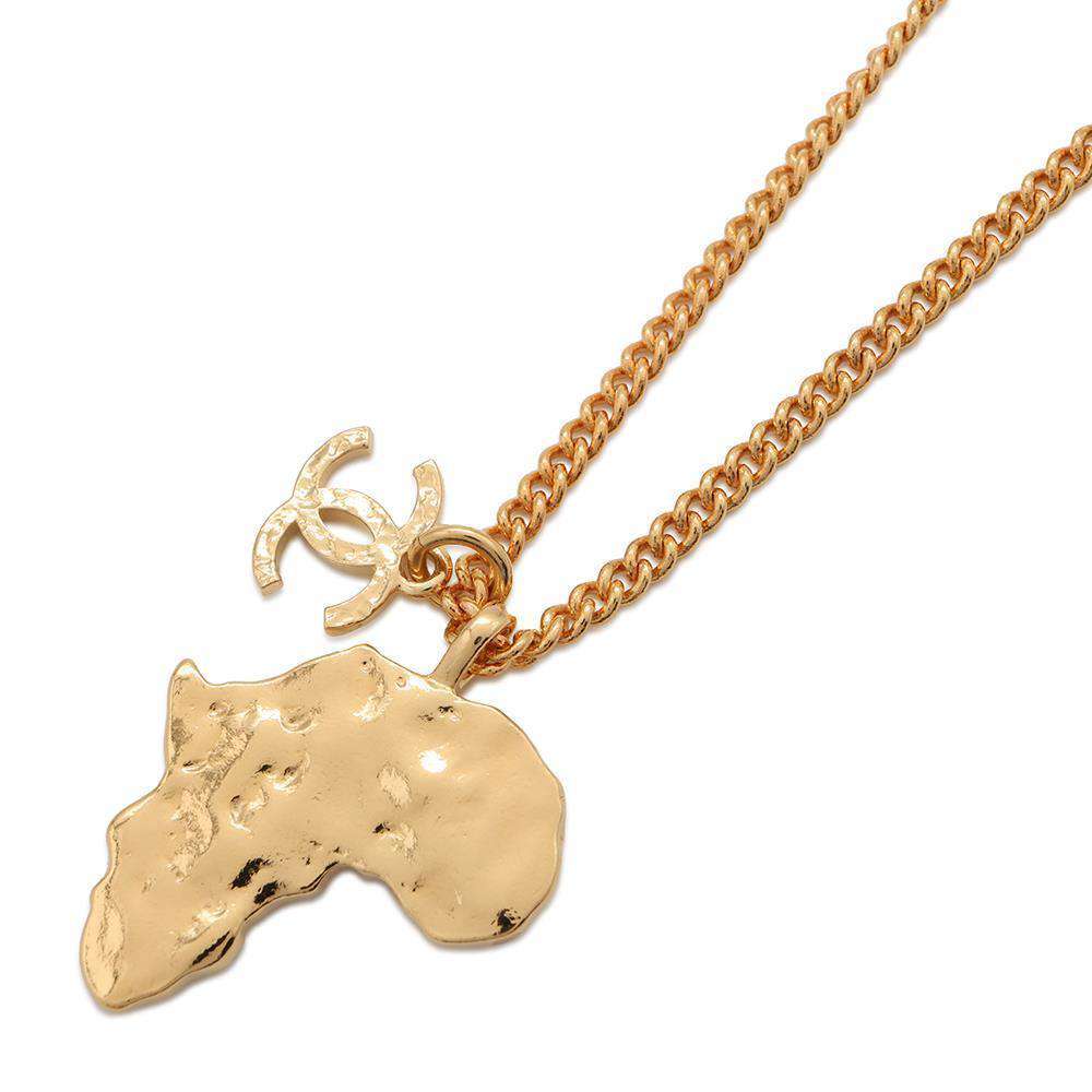CHANEL Necklace African continent motif Gold Metal  Rhinestone Faux Pearl