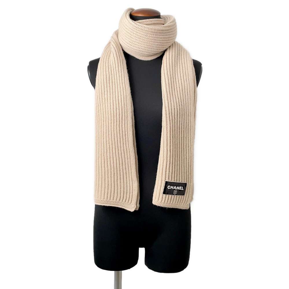 CHANEL Sequins logo scarf BeigeAA9552 Cashmere100%