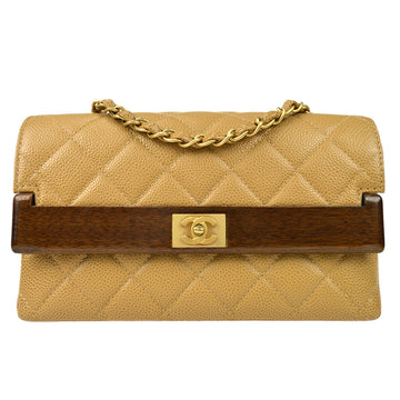 Chanel * 2003-2004 Wood Detailed Strait Flap Small Beige Caviar