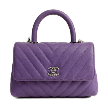 Chanel Chevron Caviar Royal Purple Mini Coco Handle Flap Bag  w/ Silver Hardware