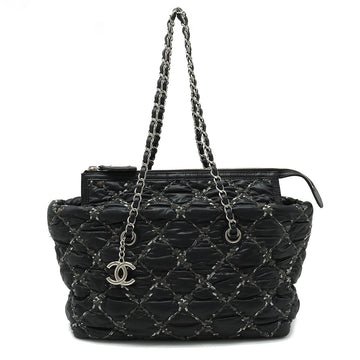 CHANEL CHANEL PARIVISANCE KILTING Chain Shoulder Bag Nylon Dark Grey Black Silver  A50633
