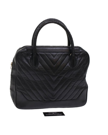 Black Leather V Stitch Hand Bag