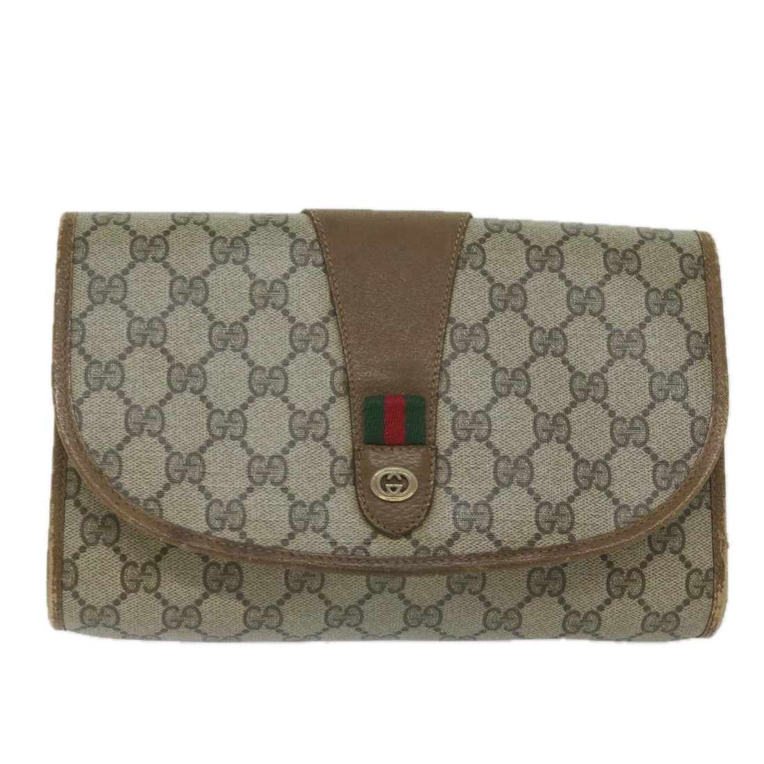 Beige Canvas GG Clutch with Web Stripe