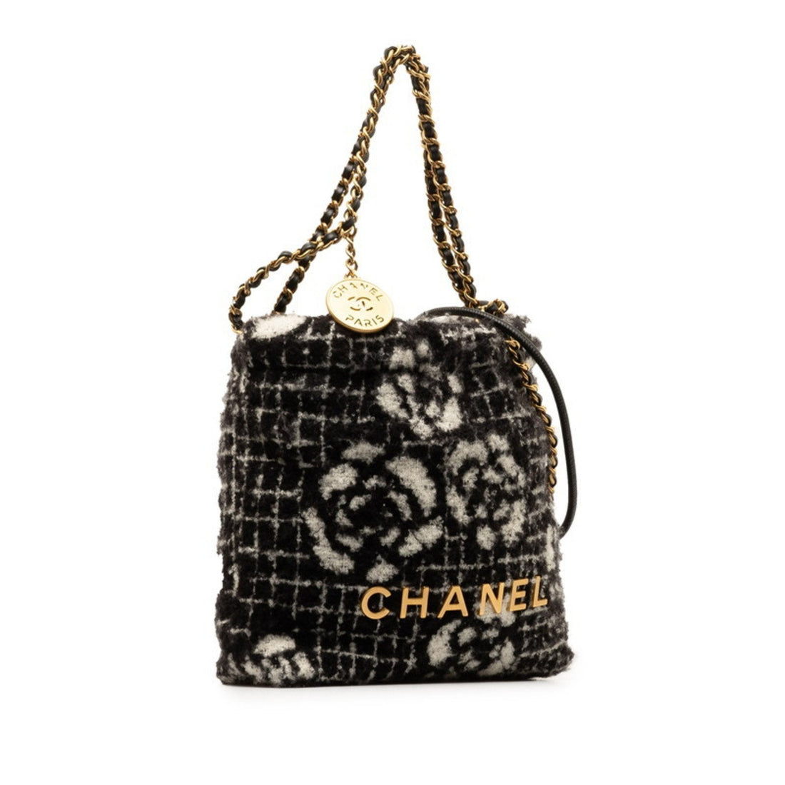 Stylish Black Cotton Shoulder Bag with Camellia Motif by Chanel