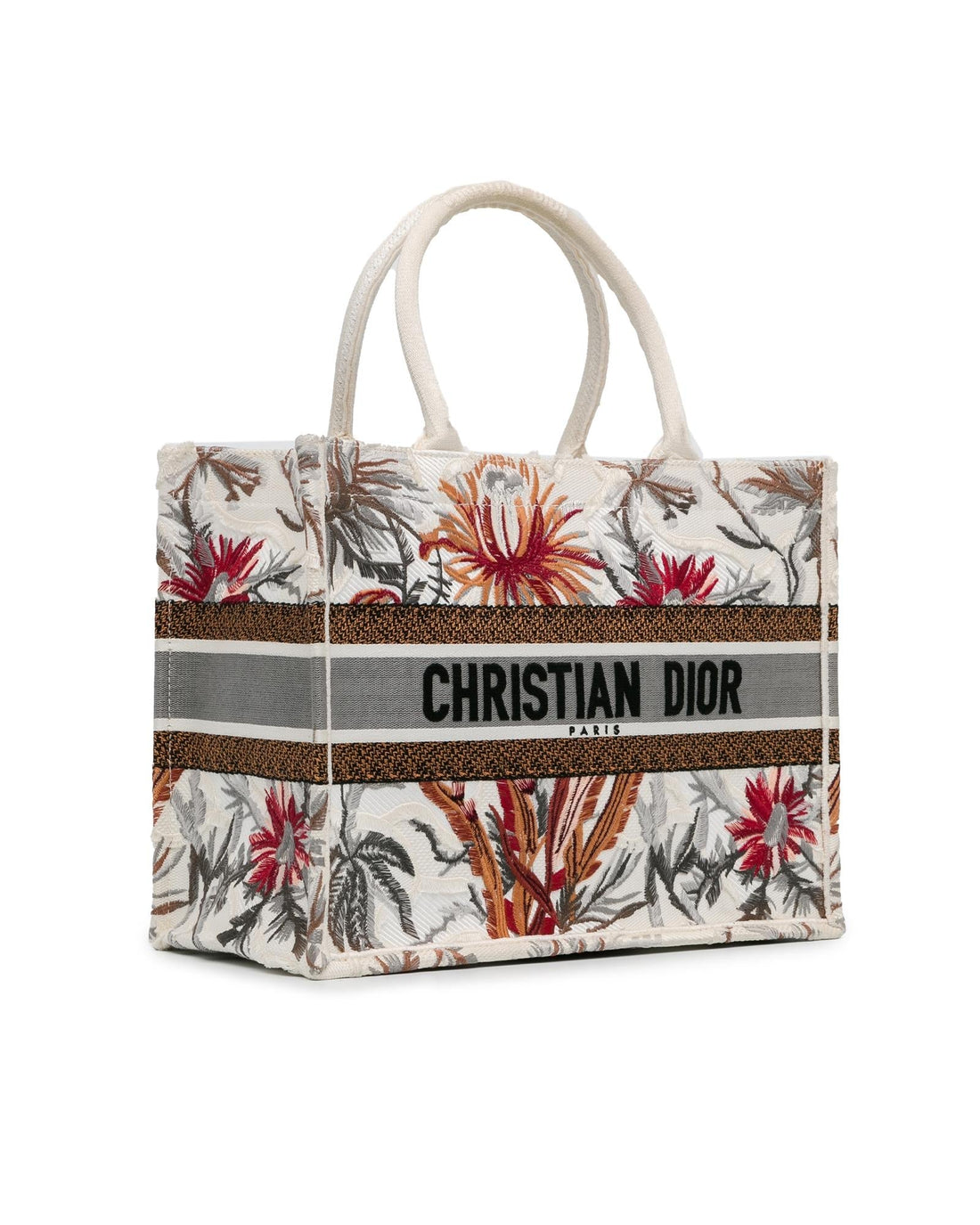 Dior Book Tote Floral Embroidered White Canvas Tote Bag