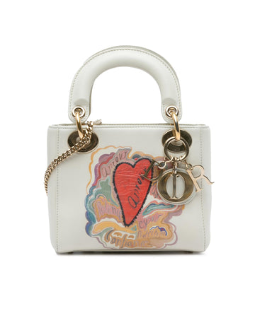 Dior Lady Dior Mini Amour Heart Print White Lambskin Leather Bag