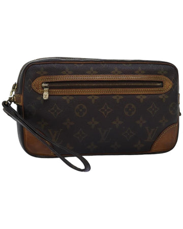 LOUIS VUITTON Pochette Voyage Clutch Bag in Monogram Canvas and Brown Leather