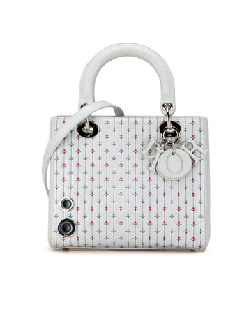 Dior Lady Dior Small Top Handle Bag in White Lambskin Leather with Floral Pattern
