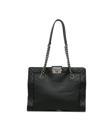 Chain Strap Leather Tote with Push Lock Closure