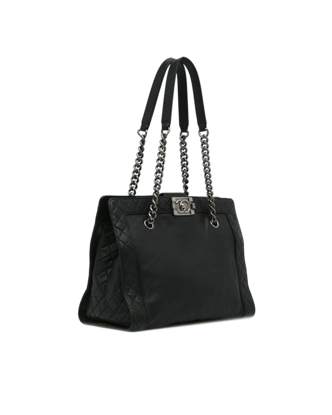 Chain Strap Leather Tote with Push Lock Closure
