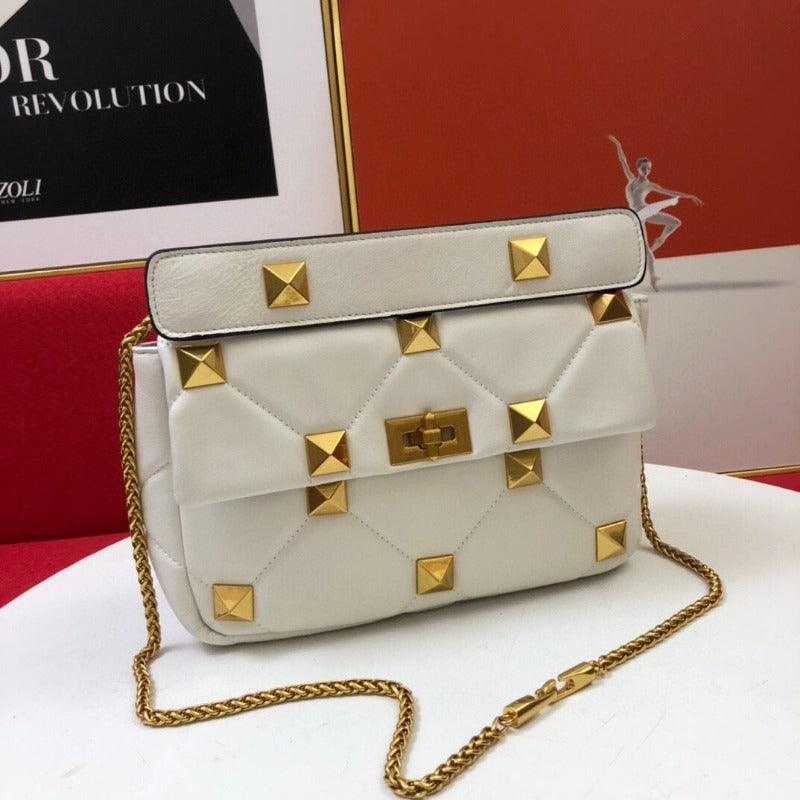 Makersluxe - Rivet Shoulder Purses Bag With Chain White