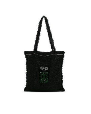 Large Resin Embellished Tweed Robot Shopping Tote with Interior Slip Pocket