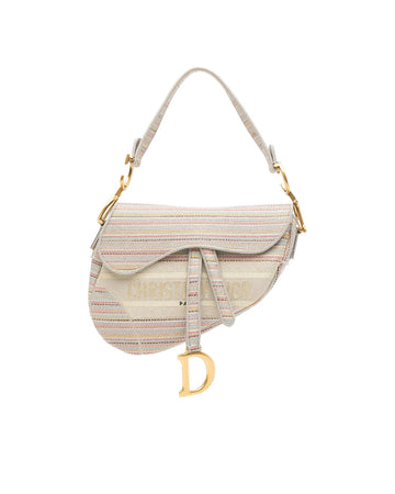 Embroidered Canvas Stripes Saddle Bag with Leather Strap