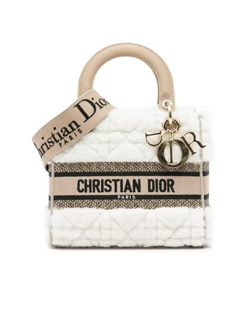Medium Shearling Cannage Lady D-Lite Bag with Canvas Handles and Detachable Strap