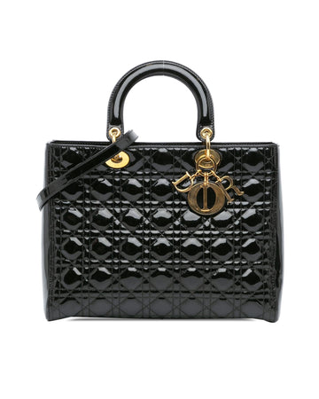 Large Patent Cannage Lady Dior Bag with Quilted Leather and Detachable Strap