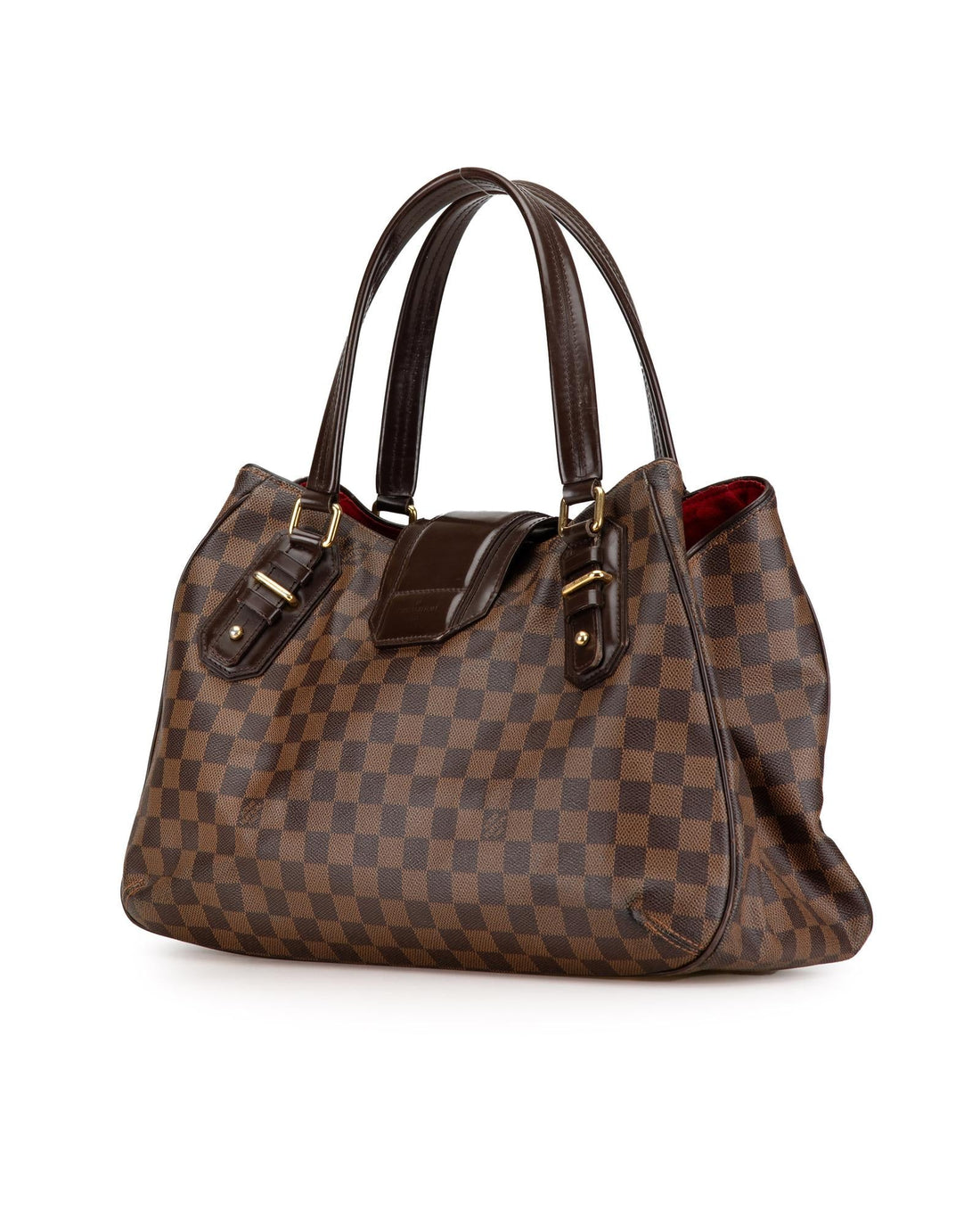 Damier Ebene Canvas Leather Trim Tote Bag with Open Top and Push Lock Closure