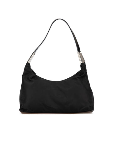 Nylon Shoulder Bag with Leather Strap and Silver-Tone Hardware
