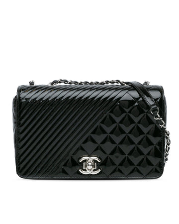 Quilted Patent Leather Flap Bag with Chain Straps