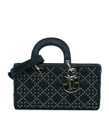 Quilted Denim Eyelet Detail Top Handle Bag with Detachable Strap