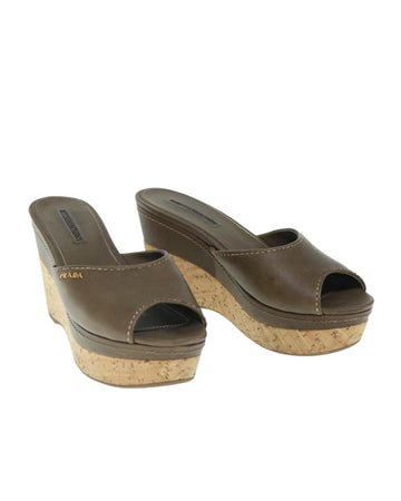 PRADA Brown Leather Wedge Sandals
