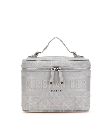 Embroidered Canvas Vanity Bag with Top Handle and Zip Closure