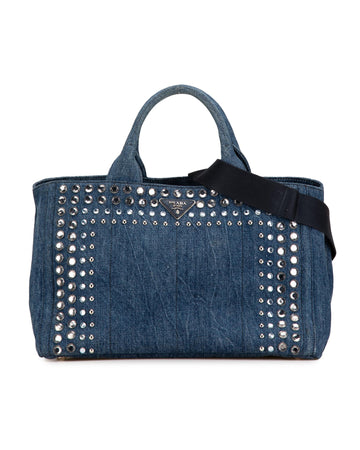 Studded Denim Satchel with Detachable Strap and Interior Pockets