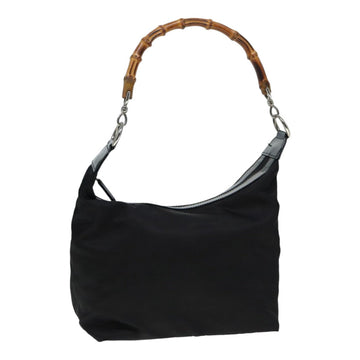 Bamboo Handle Shoulder Bag Black Nylon