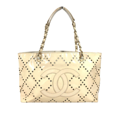 Perforated Patent Tote Beige Chain Bag
