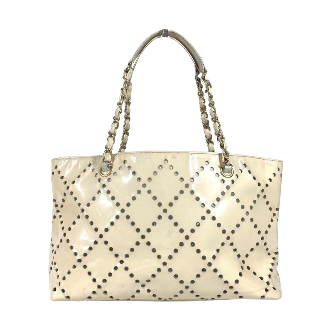 Perforated Patent Tote Beige Chain Bag