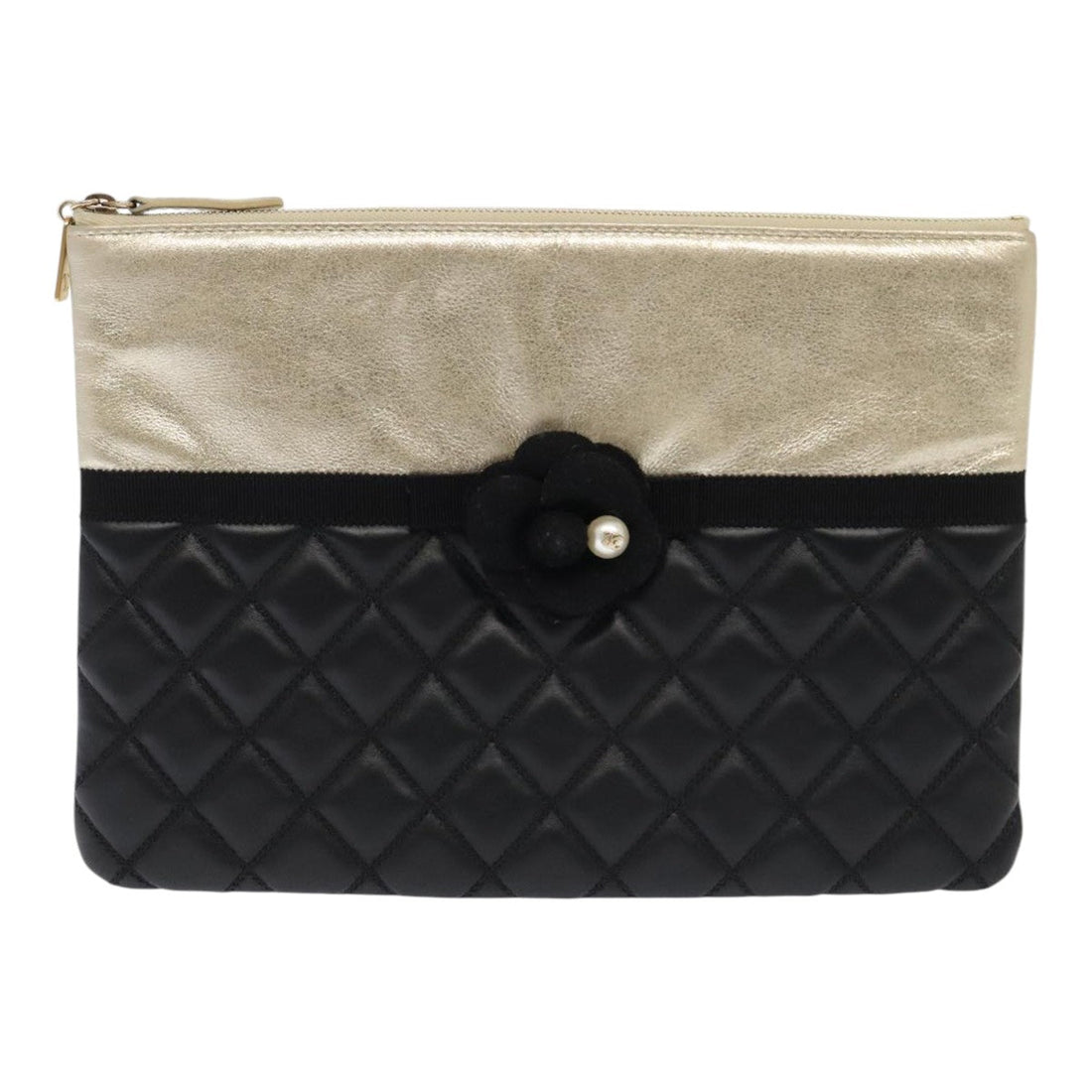 quilted clutch camellia flower detail
